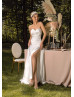 Strapless Beaded Ivory Satin Lace Slit Minimalist Wedding Dress